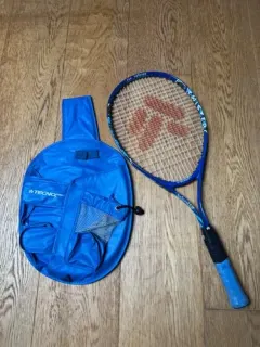 Yonex blue tennis racket with Tecnopro cover