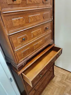 Antique inlaid wooden chest of drawers - deep drawers