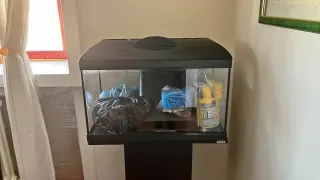 Black aquarium with stand and Tetra accessories