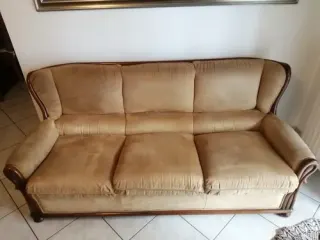 Sand microfiber 3-seater sofa with wood trim
