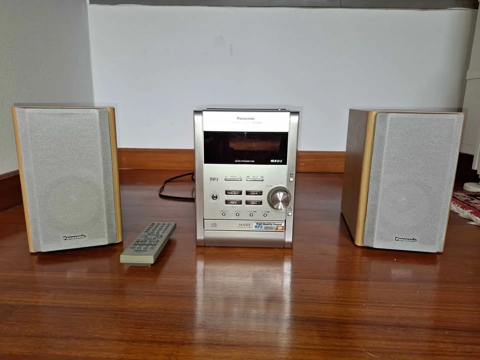 Panasonic silver Micro HiFi with 2 wooden speakers