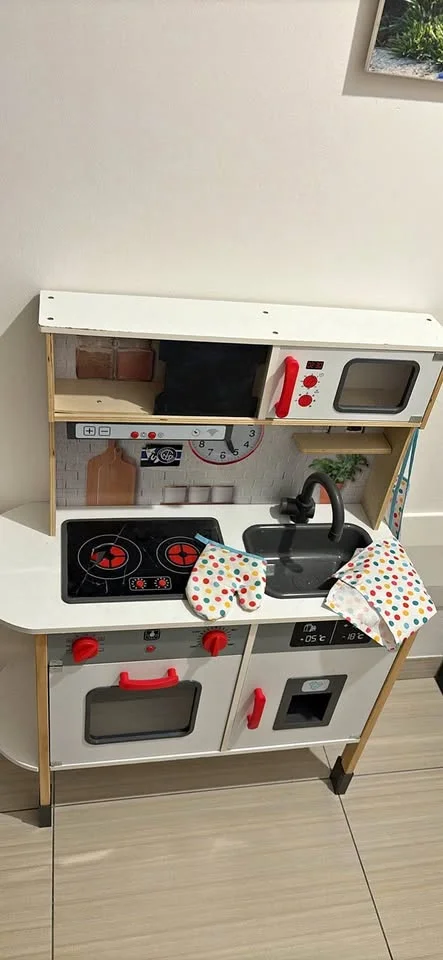 White wooden toy kitchen - with accessories