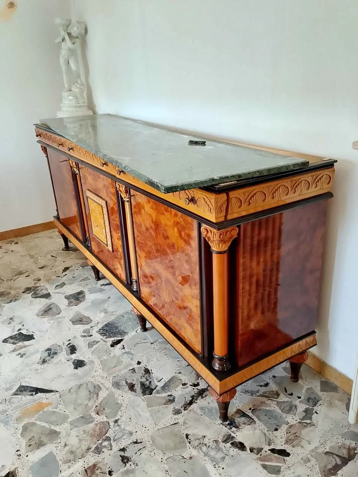 Antique sideboard with green marble top - inlaid