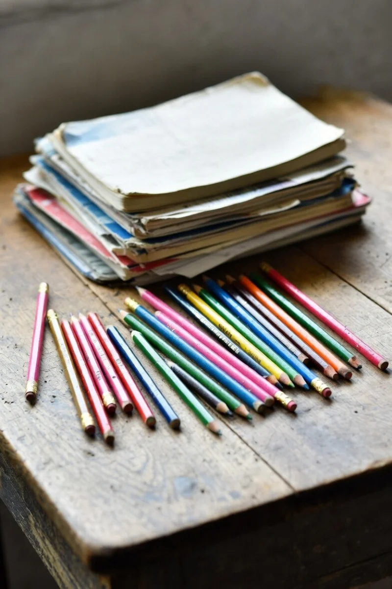 Lot coloured pencils + notebooks - for school