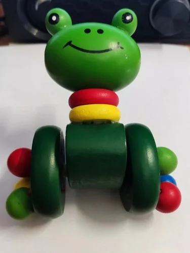 Coloured wooden pull-along frog on wheels for kids
