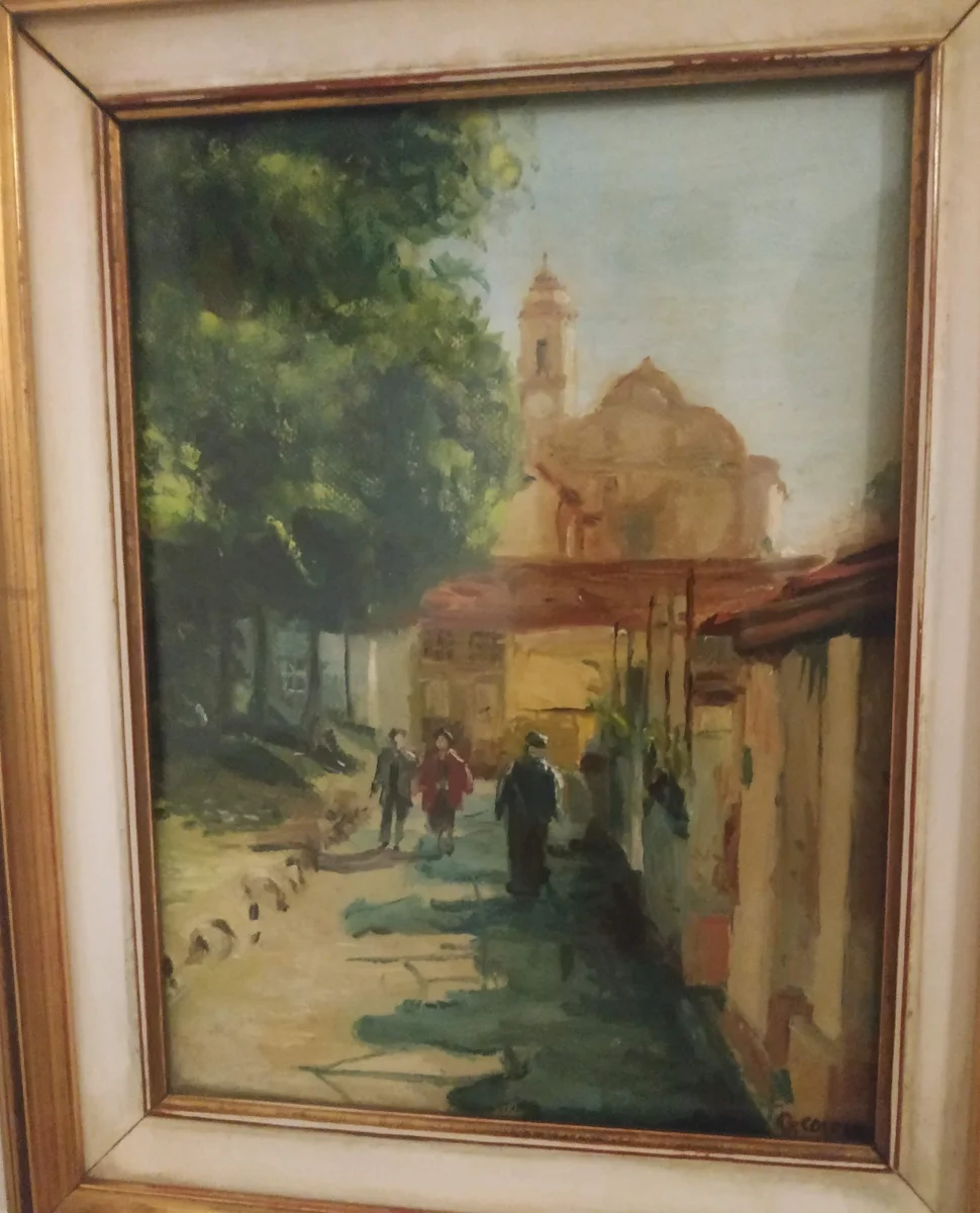 Oil painting on canvas - landscape with village and church